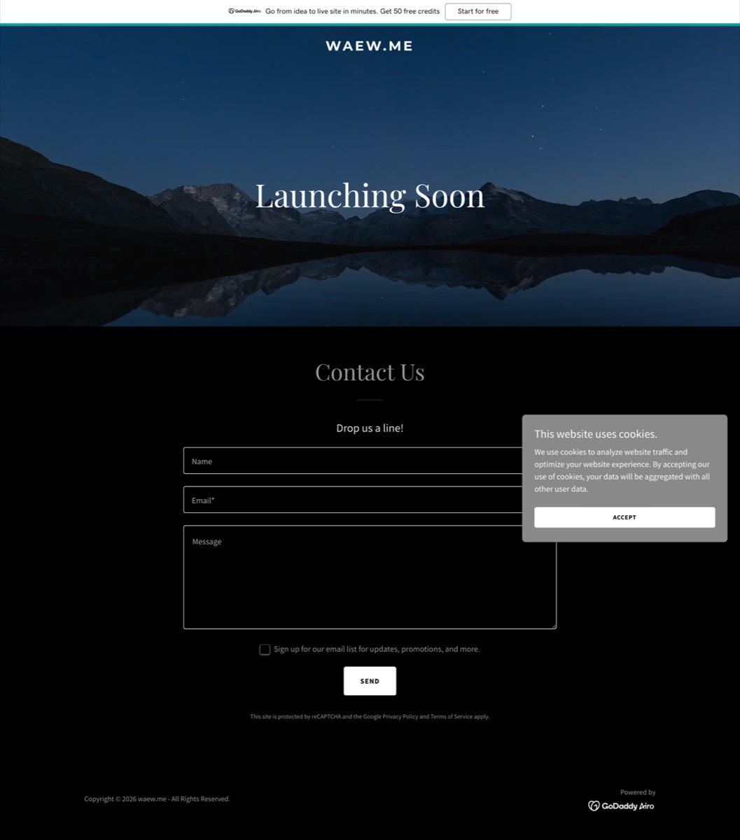 Screenshot of the current waew.me page: a default template that says Launching Soon